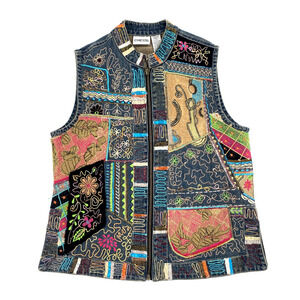 Chicos Womens Denim Vest Embroidered Multicolor Metallic Stitch Sz 0 Mixed Print